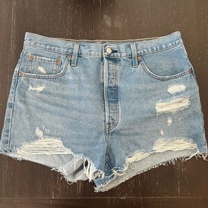 Levi's Blue High-Waisted Distressed Jean Shorts